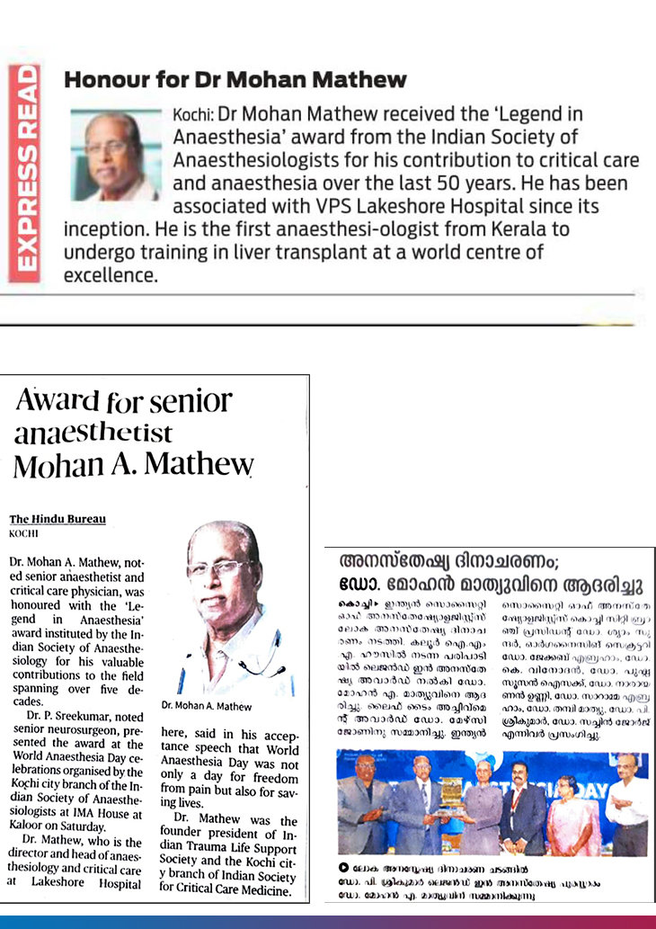 Dr. Mohan A Mathew Receives The "legend In Anaesthesia" Award